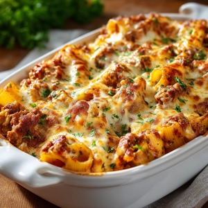 Baked cheesy pasta with meat sauce in a white ceramic casserole dish